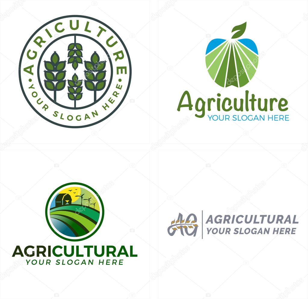 Agriculture design logo with leaf wheat apple land sun tree farmhouse and initial AG vector illustration suitable for farm business retail selling