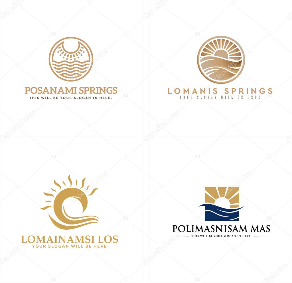 Brown black blue sun swash circle desert wave overflow combination mark logo design Vector illustration suitable for business company spring hot weather beach outdoor