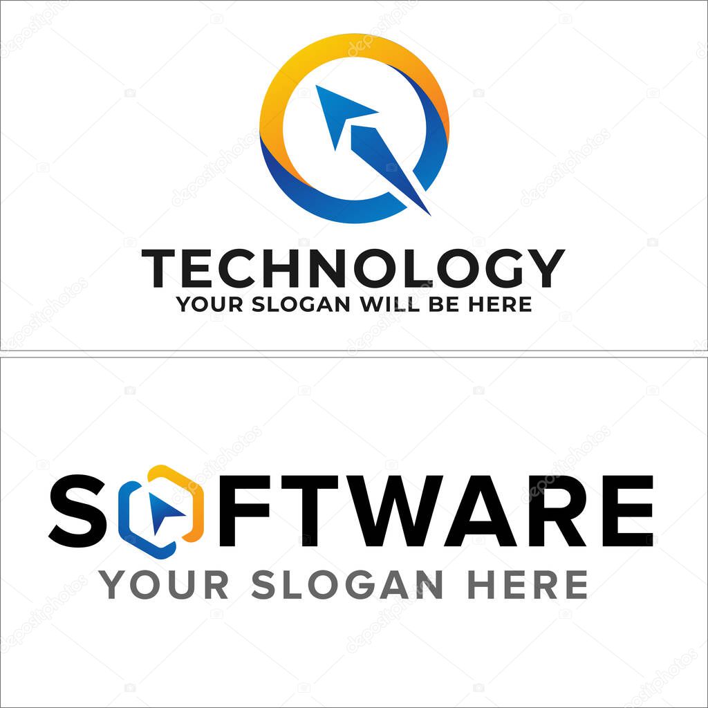Technology logo with orange blue arrow navigation map circle hexagon shape symbol icon modern suitable for mark app place direction internet software business company