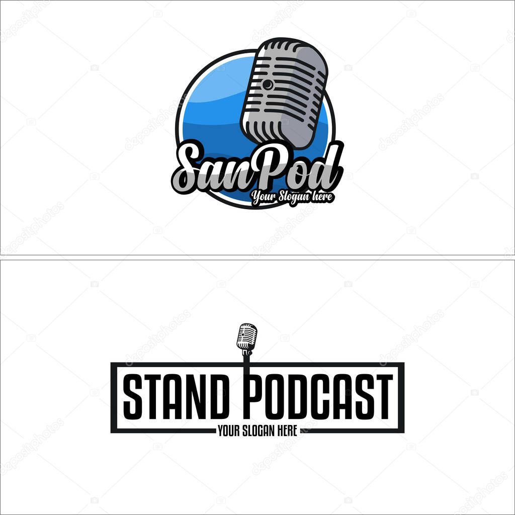 Gray blue black combination text circle mic square logo design concept suitable for technology music industrial entertainment broadcasting