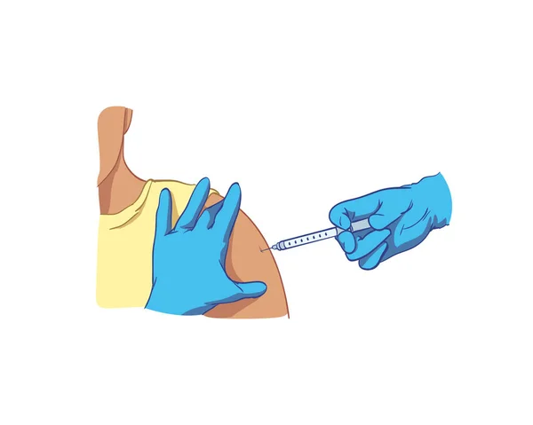 Gloved Hands Syringe Injected Shoulder Vaccination Process Strengthen Immune System — Stock Vector