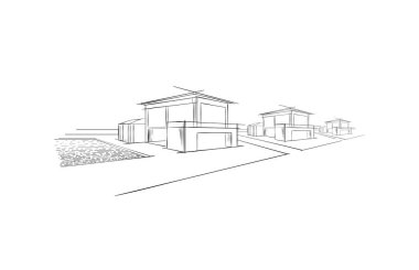 Evler arka arkaya. Sahil evi emlak kiralama logosu. Banner Lüks villalar. Hafta sonu ve tatillerde yüzme havuzlu evler. Modern mimari Tatil Binası taslağı, el çizimi vektör