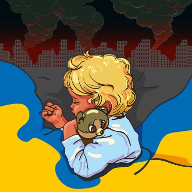 Sleeping child, Refugee hugging a toy. He is covered with the flag of Ukraine, against the backdrop of a destroyed burning city after the bombing. The kid, victim of aggression and violence. Vector 
