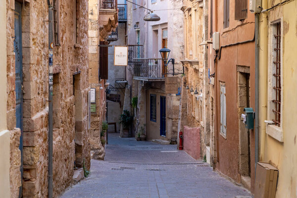Crete, Greece - September 22, 2021: A charming street in the historic city centre of Chania.