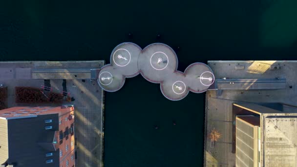 デンマーク コペンハーゲン 2022年1月14日 港周辺の歩道橋である現代円橋の空中ドローンビュー — ストック動画