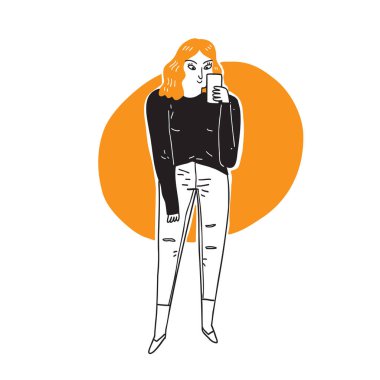 Genç ve güzel bir kadın cep telefonuyla resim çekiyor. Çizdiği karikatür çizimi. Moda kıyafetli kız Salfie Pankart Tasarımı yapıyor. Akıllı telefon modern yaşam tarzı geçmişi