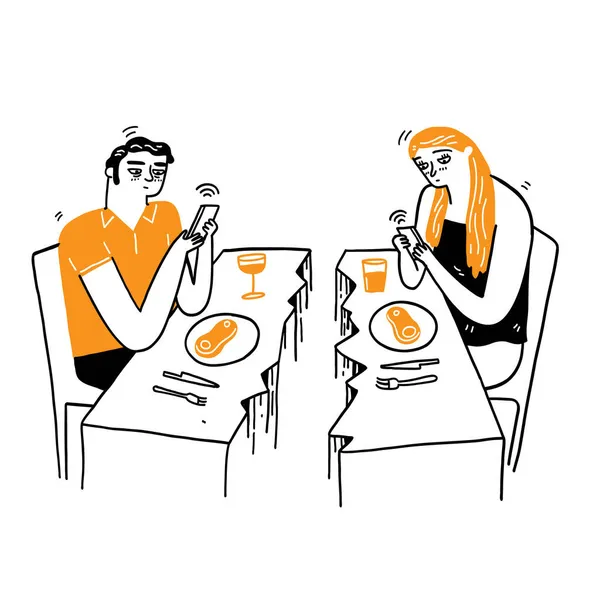 Pareja Tiene Una Cena También Utilizar Teléfono Inteligente — Vector de stock