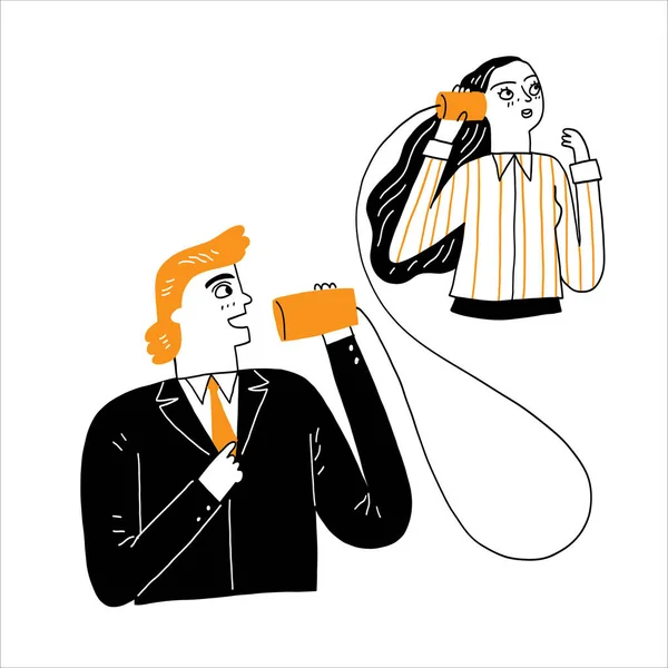Kommunikationskoncept Man Talar Genom Kabel Som Ett Telefonsamtal — Stock vektor