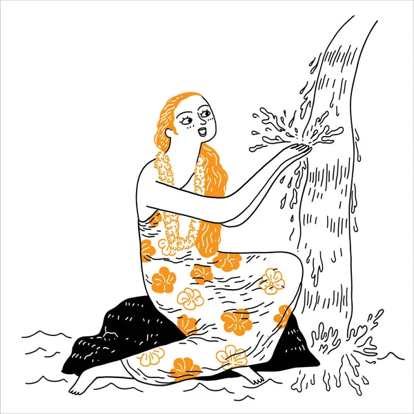美丽的女人 长发沐浴在瀑布中 矢量插图手绘 — 图库矢量图片
