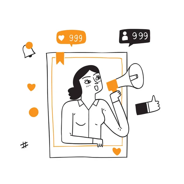 Social Media Networking Concept Homme Avec Mégaphone Écran Smartphone Radiodiffusion — Image vectorielle