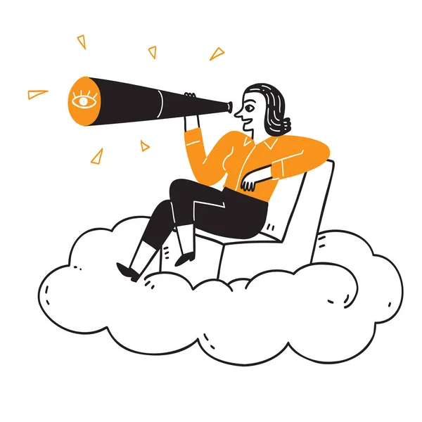 企业营销理念 漂亮的女孩坐在云彩上用望远镜 手绘矢量图解 — 图库矢量图片