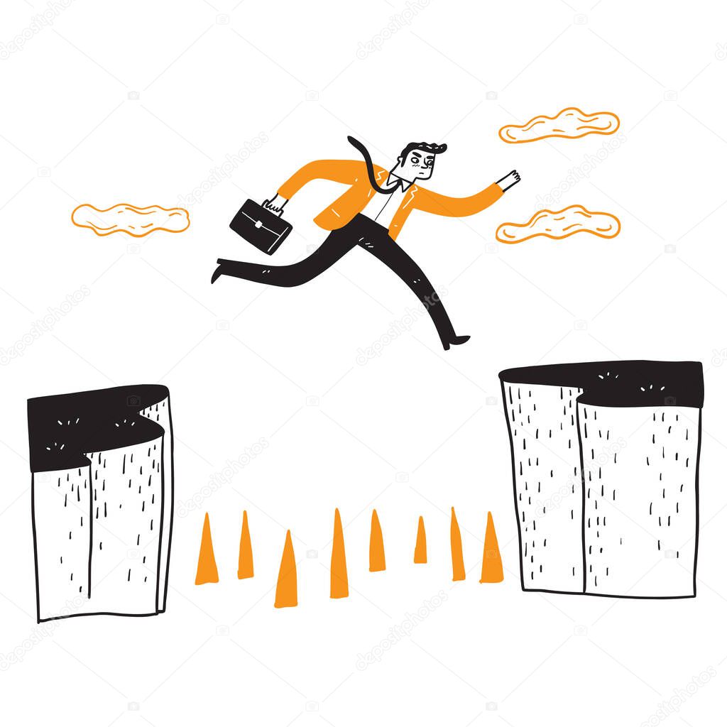 Businessman jumping over the cliff, creative business concept ideas about solving problems, obstacles, breakthroughs, solving business problems. Vector illustration isolated. Cartoon doodle style.