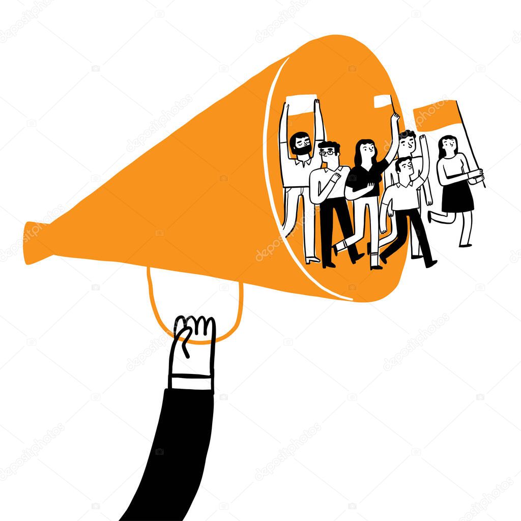 Claim business concept. A protester walks through a megaphone. Vector Illustration Hand drawing doodle style