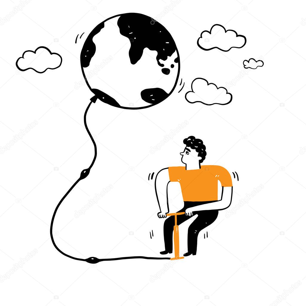 Nature and environment concepts, global warming, conservation, young conservationists are using something to pump air into something like a globe. Vector Illustration Hand drawing doodle style