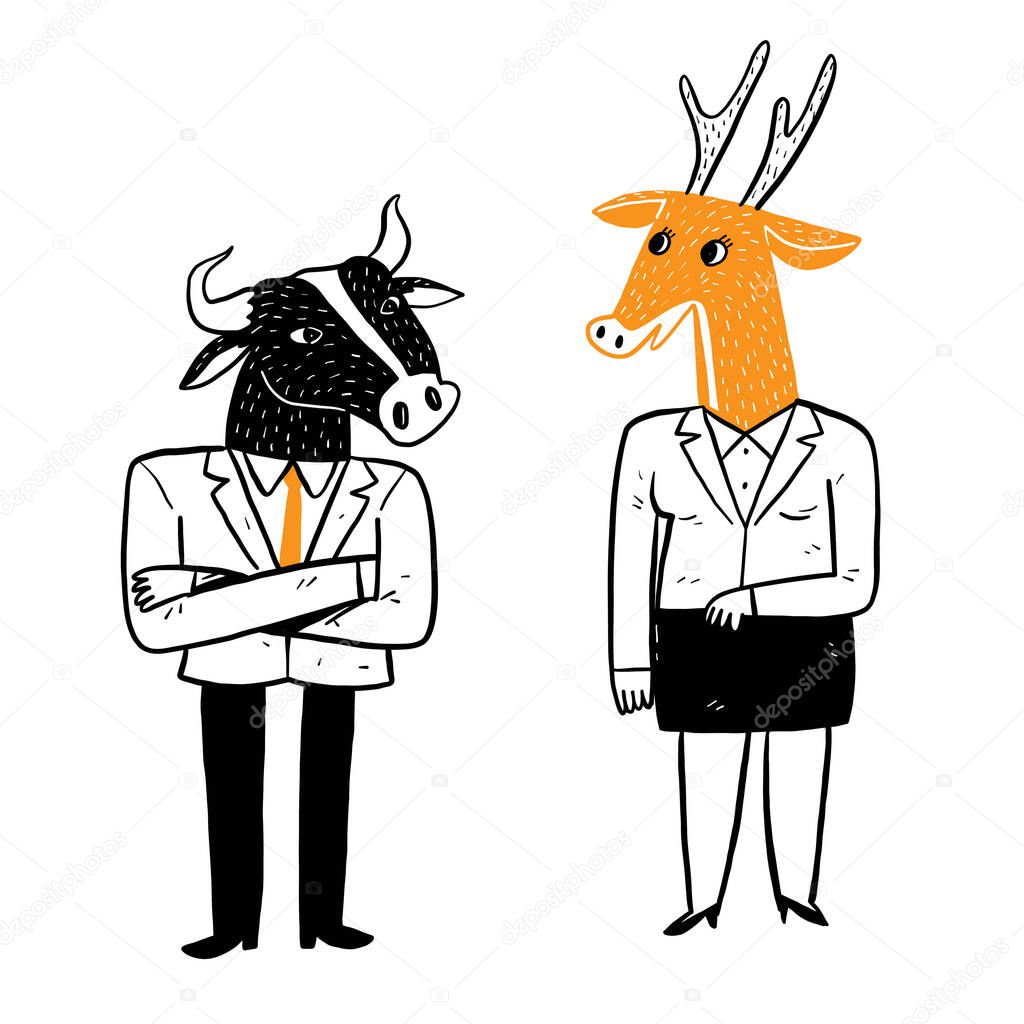 Office living business ideas, well dressed men or women, their heads are animals. Vector Illustration Hand drawing doodle style