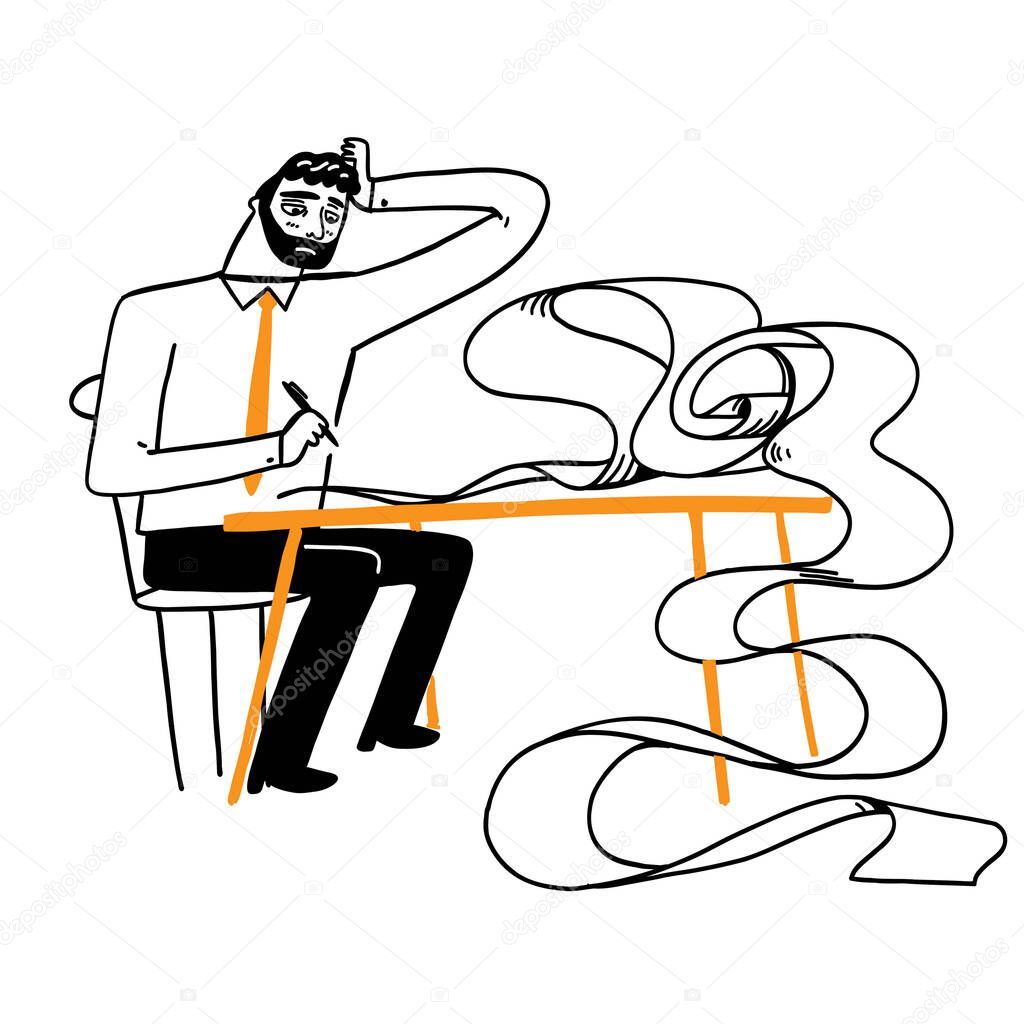 The sucky man writing a long roll of paper. Vecyor illustration