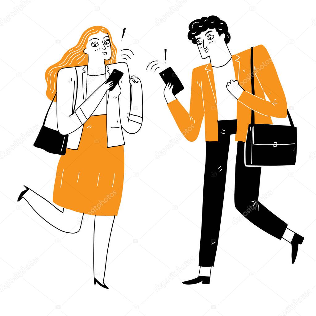 People are exciting for something received on the smartphone. Vector Illustration 