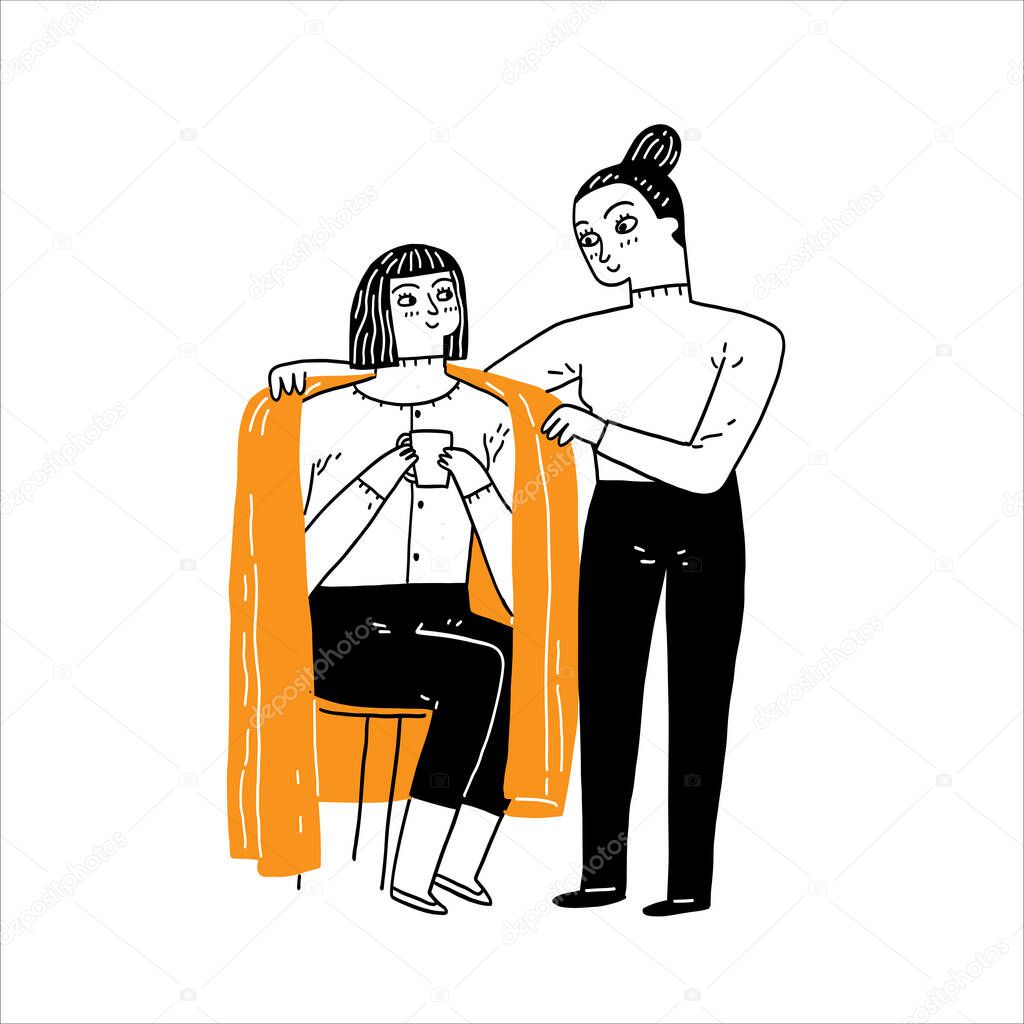 The best female friend taking care of a sick friend, vector illustration hand drawn