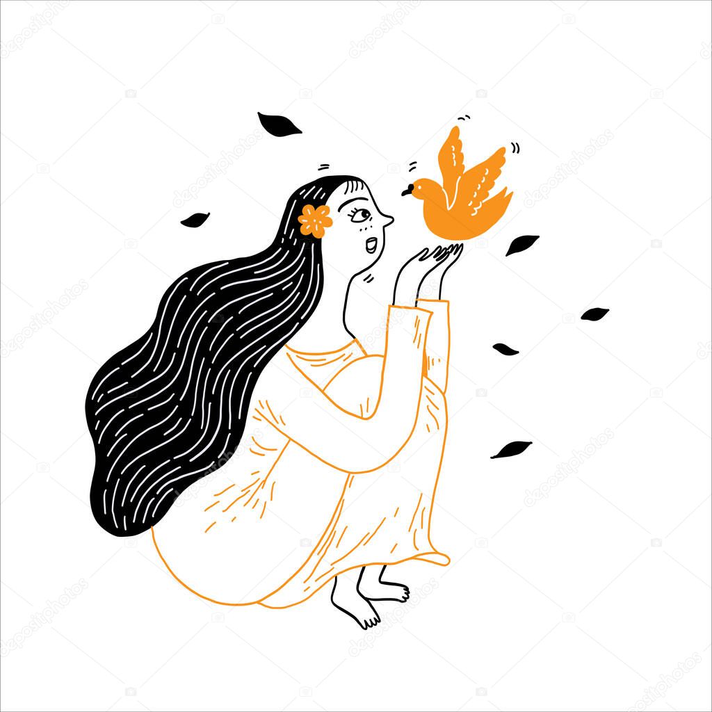 A beautiful girl with long hair is teasing with a little bird. vector illustration hand drawn