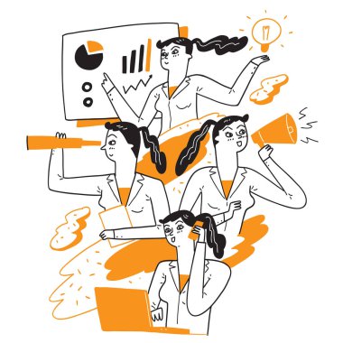 Güzel bir kızın işi ya da aktivitesi başarılıdır. El çizimi vektör illüstrasyonu.