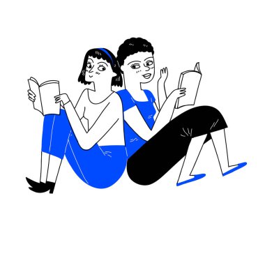 Okuma günü konsepti. İnsanlar ellerinde bir kitap tutuyor. Beyaz arka planda insan karakteri. El çizimi biçiminde vektör çizimi.