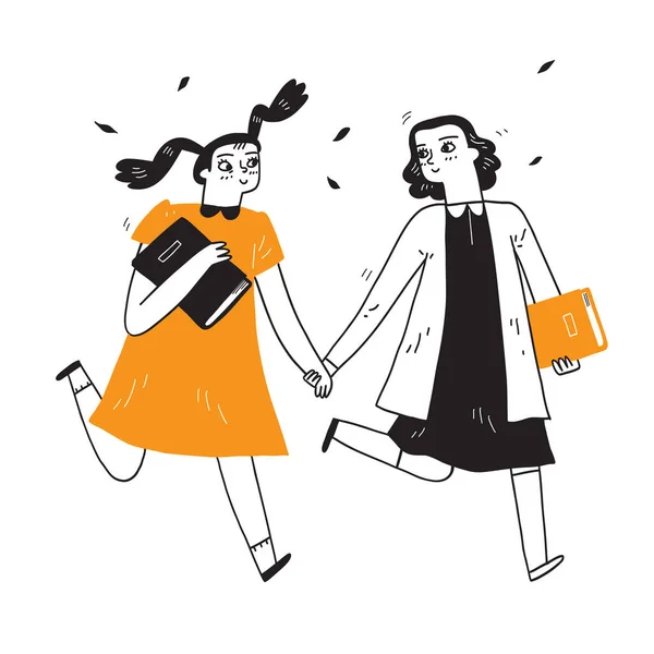 Дві Дівчини Йдуть Рукою Тримають Книжки Чудовий День Малюнок Рук — стоковий вектор