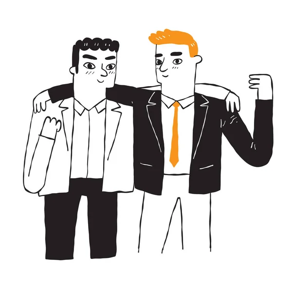 Two Businessmen Suits Hugging Each Other Hand Draw Vector Illustration — Stock vektor