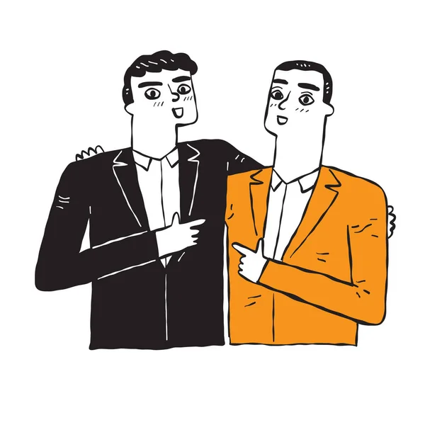 スーツを着た二人のビジネスマンが抱き合い 手描きベクトルイラスト — ストックベクタ