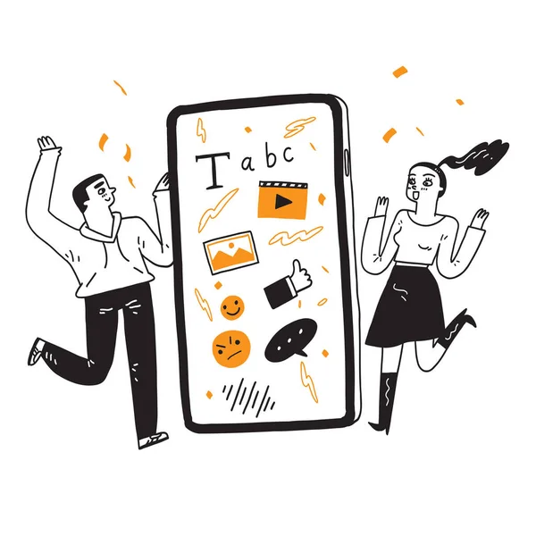 Jeune Couple Debout Côté Téléphone Avec Des Icônes Communication Messages — Image vectorielle