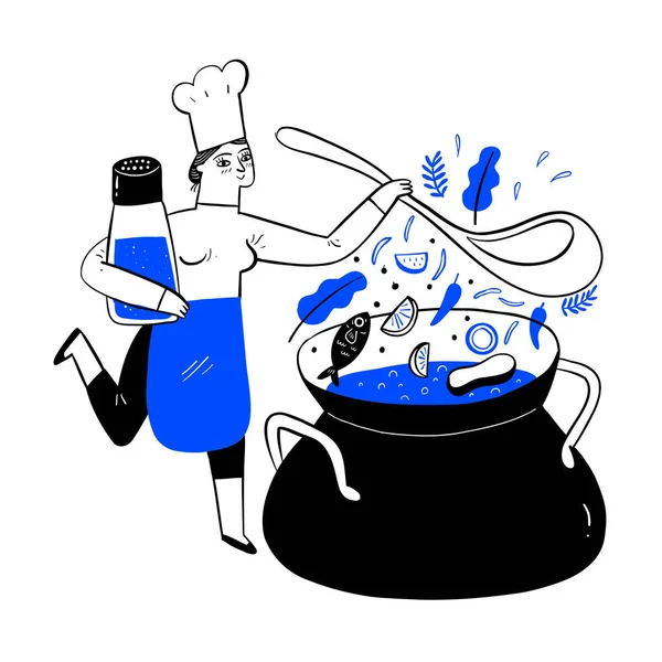 手绘矢量插图涂鸦风格 那个穿围裙的女人在做饭 锅上有砂锅和汤 厨房用具 调味品 自制食品 — 图库矢量图片