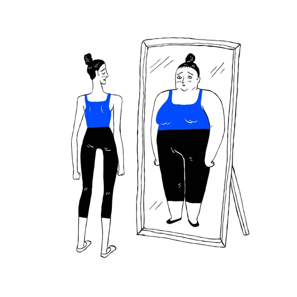 Weight Loss Concept Young Fit Slim Woman Looking Fat Girl — Vettoriale Stock