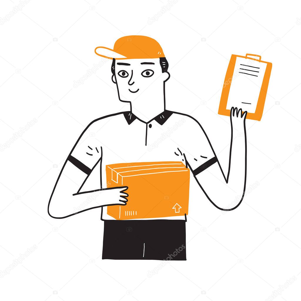 Delivery man holding a large box with documents to sign. Hand drawing vector illustration