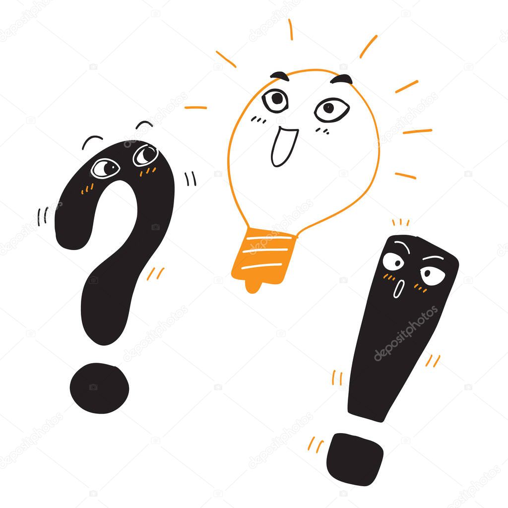 Problem solution icon in hand draw style. Light bulb idea vector illustration on white isolated background. Question and answer business concept.