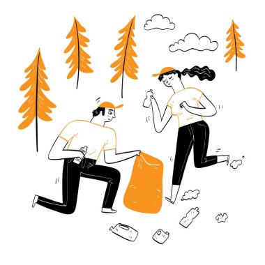 Ekosistem çevre konsepti, çift plastik atıkları, el çizimi vektör çizimleri karalama stili.