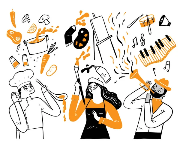 Στοιχεία Εργασίας Σεφ Ζωγράφος Μουσικός Χέρι Σχέδιο Διάνυσμα Εικονογράφηση Doodle — Διανυσματικό Αρχείο