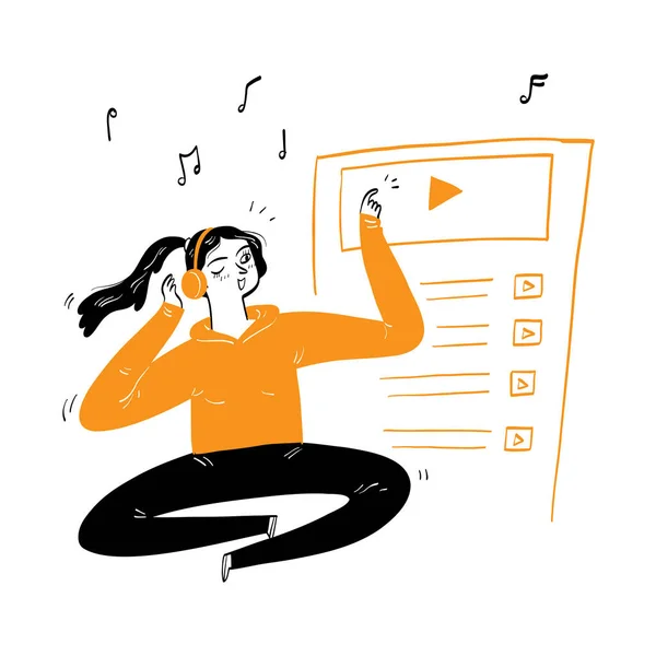 Νεαρή Γυναίκα Ακουστικά Επιλέγοντας Ένα Τραγούδι Χέρι Σχέδιο Διάνυσμα Εικονογράφηση — Διανυσματικό Αρχείο