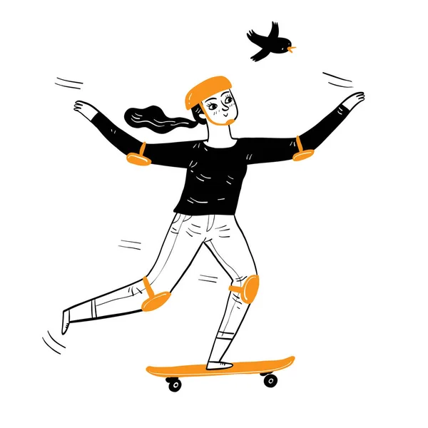 Bella Ragazza Rilassante Skateboard Mano Disegno Vettoriale Illustrazione Linea Arte — Vettoriale Stock