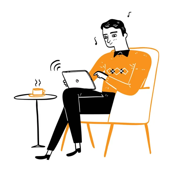 Jovem Bonito Relaxando Com Música Sentada Sofá Usando Tablet Desenho — Vetor de Stock