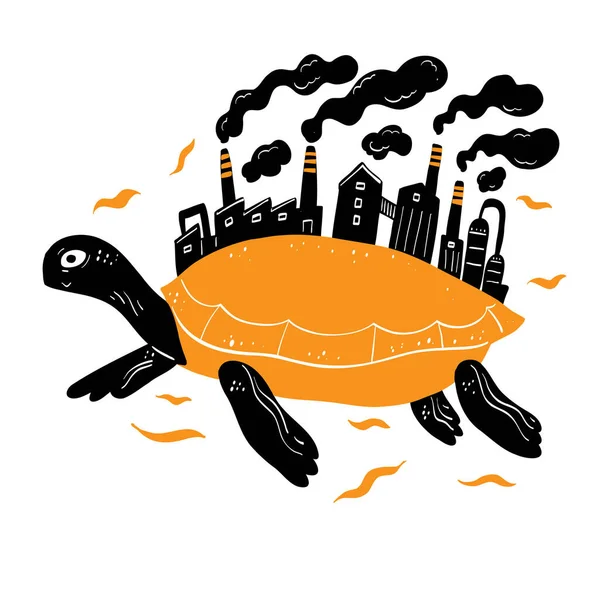 利用工业贝壳保护自然资源 海洋和海龟的概念 手绘矢量画线艺术 — 图库矢量图片