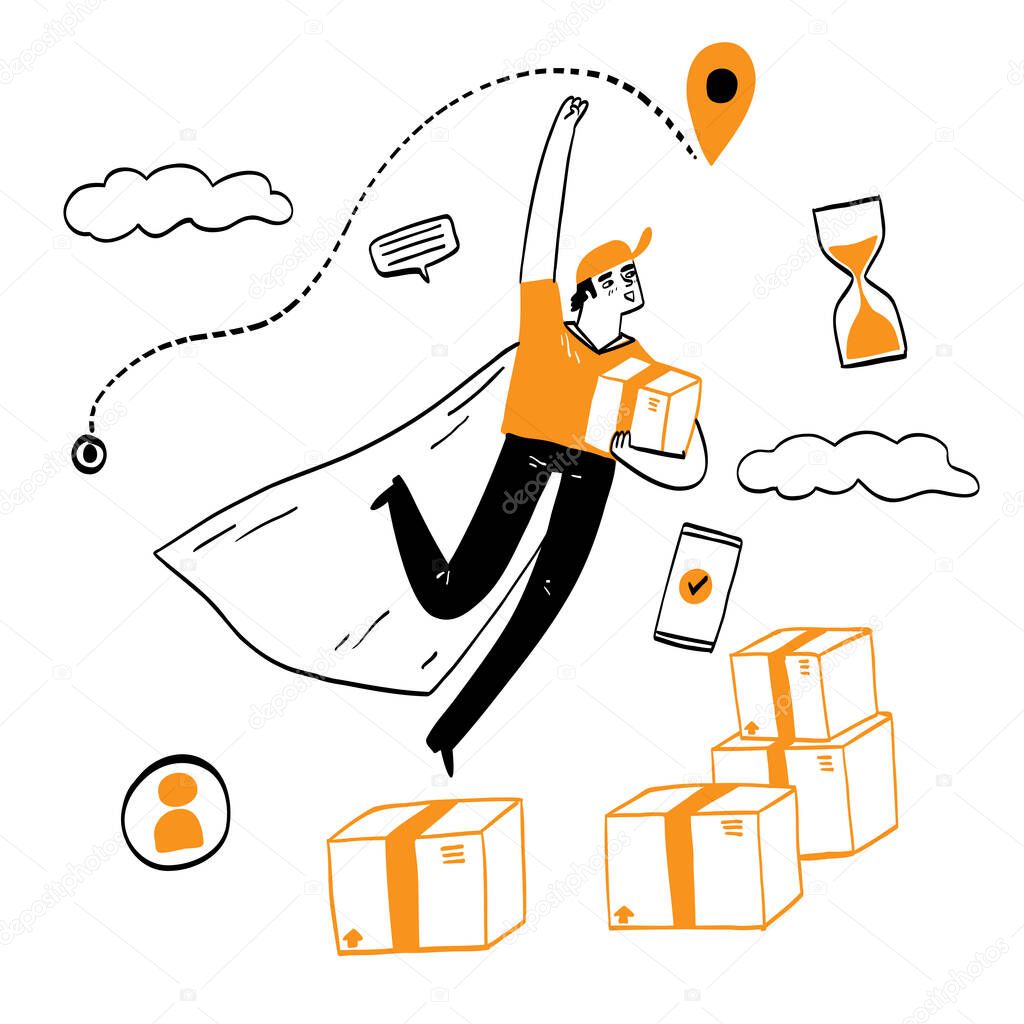 Online delivery service concept, online order tracking, Delivery home and office. City logistics, truck, courier, delivery man, on mobile, Hand drawn Vector illustration