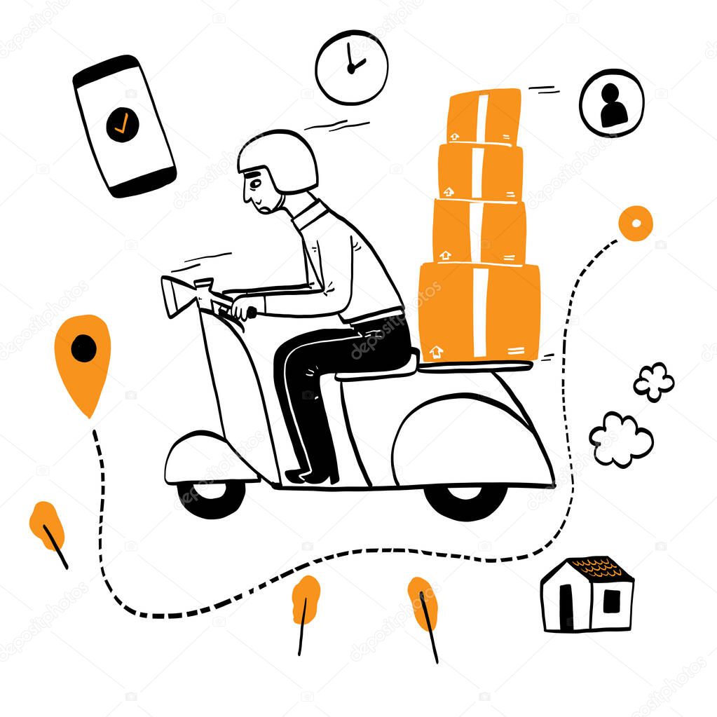 Online delivery service concept, online order tracking, Delivery home and office. City logistics, truck, courier, delivery man, on mobile, Hand drawn Vector illustration