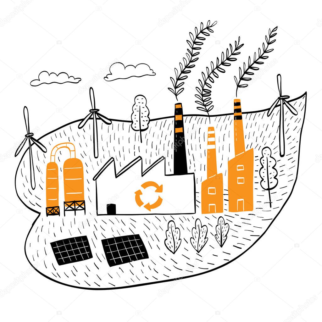 Ecosystem environment concept, Hand drawn vector Illustrations doodle style.