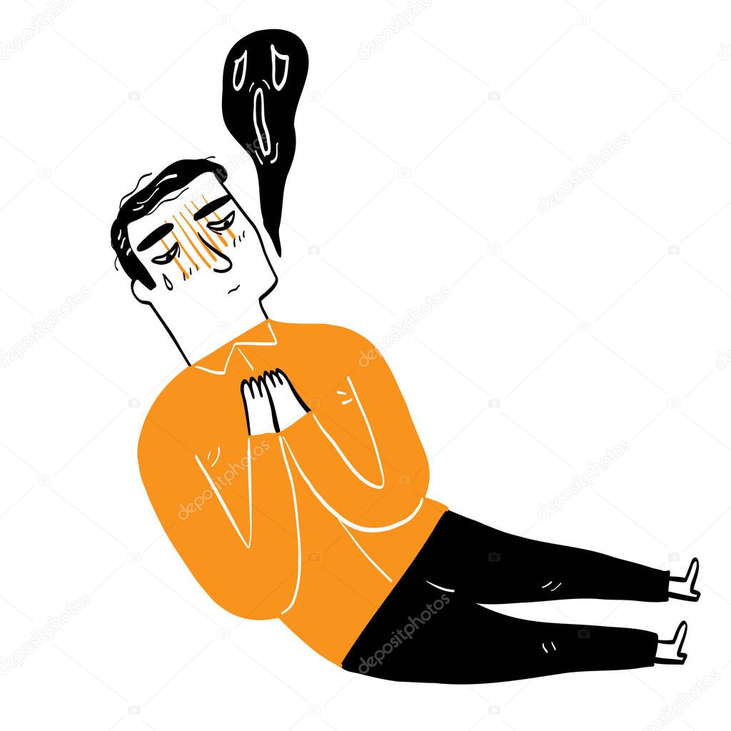 The man sleeping with exhaustion. Hand drawing vector illustration line art.