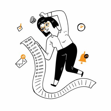Portrait woman holding long to do list stressed out showing frustration. Negative human emotion face expression. Hand drawn vector illustration doodle style.