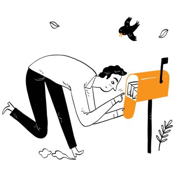 Business success concept, Young man opening a mailbox . Hand drawn vector illustration doodle.