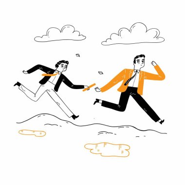 Teamwork concept: Businessman Passing Baton to His Colleague in Relay Race,  Hand drawn vector illustration.