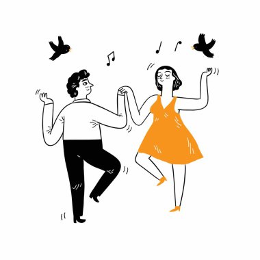 Romantic couple. Attractive young woman and handsome man are enjoying spending time together. Hand drawn vector illustration.