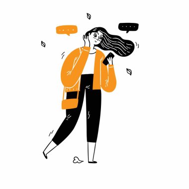 Uzun saçlı şirin kızın portresi sosyal ağları tarıyor ya da internetten alışveriş yapıyor, olumlu bakıyor, modern akıllı telefon kullanıyor, mesaj okuyor. El çizimi vektör illüstrasyonu.