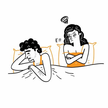 Man with sex problems, dissatisfaction, family troubles, woman lying in bed angry with her husband. Hand drawn vector illustration doodle style.