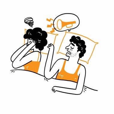 Yatakta uyuyan adam, horlayan adam. Uykusuzluk terapisi. Cpap terapisi, tıbbi sağlık, uyku testi, iyi uyku, makine, hasta, uyku düzensiz nefes alma. El çizimi vektör çizimi doo